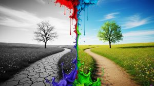 تصویر مفهومی از تله فکری «همه یا هیچ»؛ منظره‌ای که نیمی از آن سیاه و سفید و خشک است و نیم دیگر آن رنگی و سرسبز، که نماد گذار به سلامت روان و تفکر منعطف است.