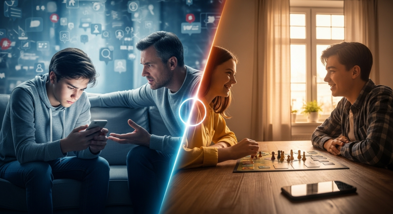 ۴ حقیقت تکاندهنده درباره گوشی هوشمند نوجوان شما (که آن چیزی نیست که فکر میکنید) تصویر مفهومی از چالش والدین با نوجوان بر سر گوشی هوشمند و راهکار ایجاد ارتباط سالم