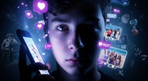 چهرهٔ مضطرب نوجوان (با نور آبی گوشی) و نمادهای لایک، کامنت، و تصاویر مقایسه‌ای در پس‌زمینه؛ نمایشگر آسیب پنهان اینستاگرام به سلامت روان.