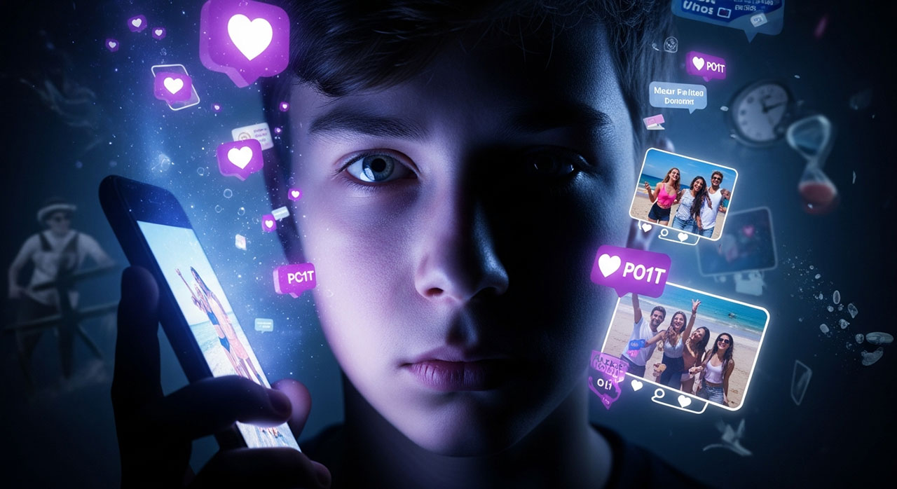 چهرهٔ مضطرب نوجوان (با نور آبی گوشی) و نمادهای لایک، کامنت، و تصاویر مقایسه‌ای در پس‌زمینه؛ نمایشگر آسیب پنهان اینستاگرام به سلامت روان.