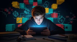 نوجوان غرق در بازی روبلاکس با نور آبی صفحه نمایش بر صورت، و پس‌زمینه بلوکی نگران‌کننده با نمادهای قمار و خطرات دیجیتال