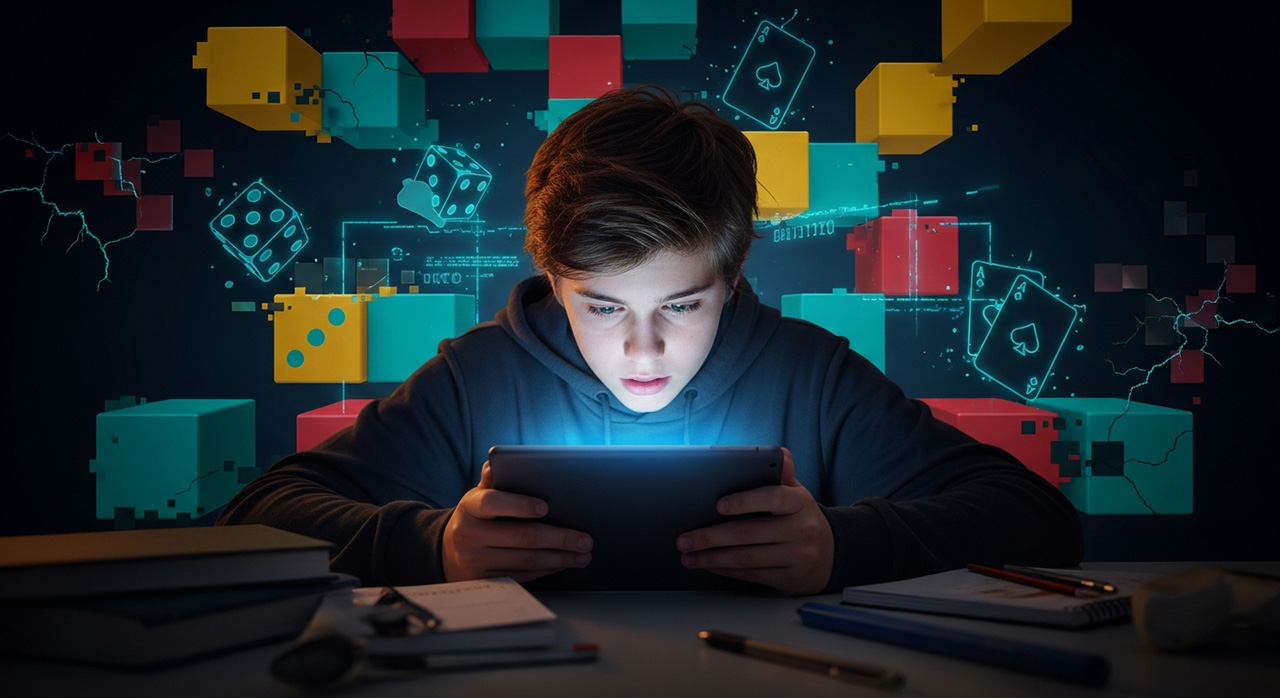 نوجوان غرق در بازی روبلاکس با نور آبی صفحه نمایش بر صورت، و پس‌زمینه بلوکی نگران‌کننده با نمادهای قمار و خطرات دیجیتال