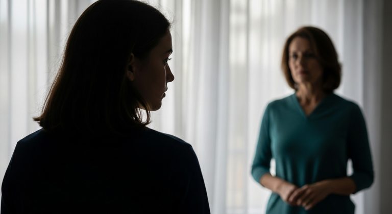 نوجوانی که در سایه ایستاده و به والدینش پشت کرده، و مادری که از پس‌زمینه با نگرانی به دلایل این فاصله و دروغگویی نوجوان فکر می‌کند.