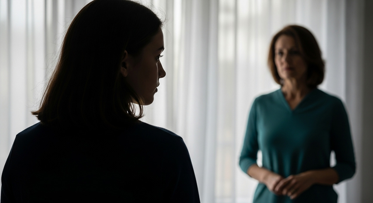 نوجوانی که در سایه ایستاده و به والدینش پشت کرده، و مادری که از پس‌زمینه با نگرانی به دلایل این فاصله و دروغگویی نوجوان فکر می‌کند.