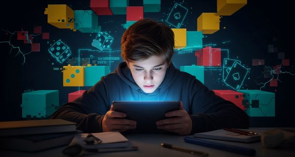 نوجوان غرق در بازی روبلاکس با نور آبی صفحه نمایش بر صورت، و پس‌زمینه بلوکی نگران‌کننده با نمادهای قمار و خطرات دیجیتال