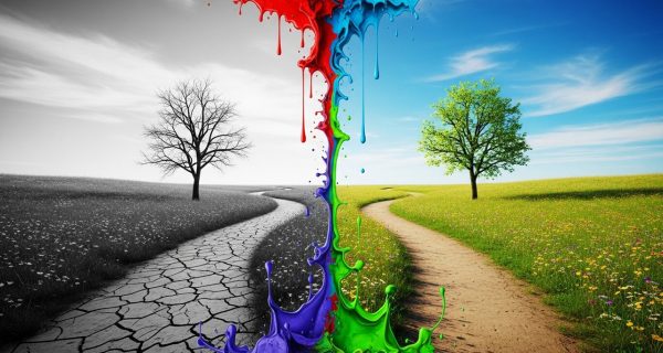 تصویر مفهومی از تله فکری «همه یا هیچ»؛ منظره‌ای که نیمی از آن سیاه و سفید و خشک است و نیم دیگر آن رنگی و سرسبز، که نماد گذار به سلامت روان و تفکر منعطف است.