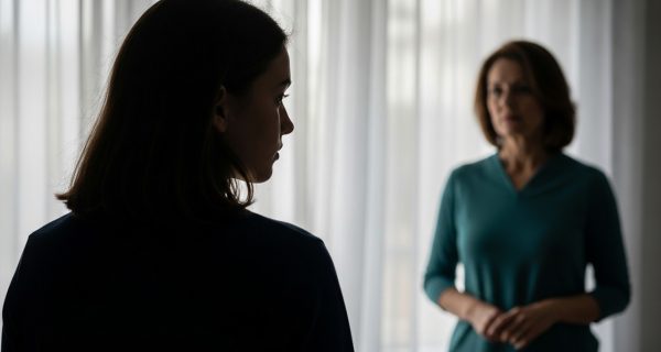 نوجوانی که در سایه ایستاده و به والدینش پشت کرده، و مادری که از پس‌زمینه با نگرانی به دلایل این فاصله و دروغگویی نوجوان فکر می‌کند.